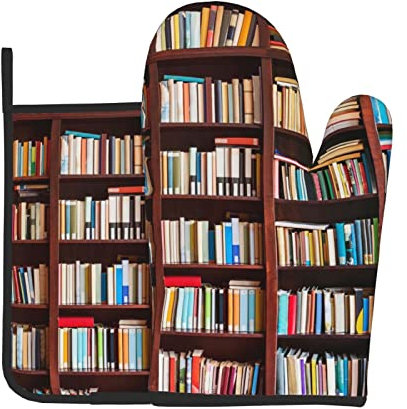 OPSREY Ofenhandschuhe und Topflappen mit Büchern, 2-teiliges Set, Ofenhandschuh, Küchen- und Kochhandschuh