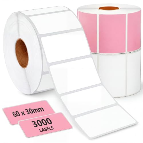3000 Sticky Labels on a Roll 60 x 30mm, Pink and White Self Adhesive Blank Address Labels to Write On, Label Stickers for Food Storage, Spice Jars, Freezer, Printing FBA Inventory Barcodes