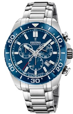 Festina Swiss Made Herrenuhr Analog Edelstahl 316L Silber - Quarz Chronograph, Datum - Saphirglas, Wasserdicht 10 ATM - F20042/2 Chrono