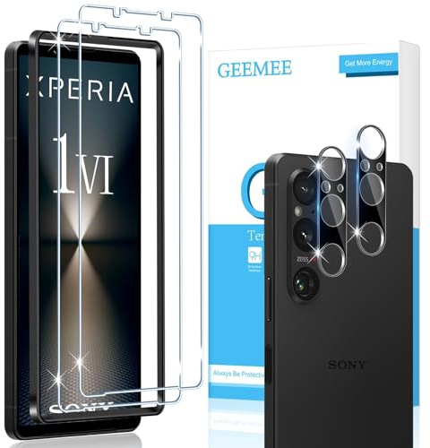 GEEMEE für Sony Xperia 1 VI für Panzerglas Schutzfolie, 2 Stück Schutzfolie mit 2 Stück KameraSchutz (Schwarz), 9H Härte Anti-Kratzer Klar HD Schutzglas Blasenfreie Displayschutzfolie