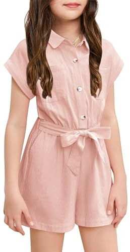 Haloumoning Cute Jumpsuit for Girls Summer Children's Jumpsuit Button Down with Belt Kids Short Romper with Pockets, pink, 8-10 Years