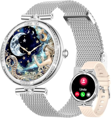 Fitonme Smartwatch Damen mit Telefonfunktion, 1,19 Zoll AMOLED Display, IP68 Wasserdicht Sportuhr Armbanduhr mit Schlafmonitor Pulsuhr SpO2 Blutdruckmessung Schrittzähler für Android iOS Silber