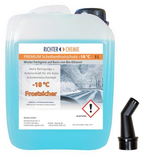 Richter Chemie Premium Scheibenfrostschutz -18°C, 5 Liter, gebrauchsfertig | Für Lack, Gummi & Kunststoff; mit Citrusduft; für Auto-Scheibenwaschanlagen; sofort einsatzbereit