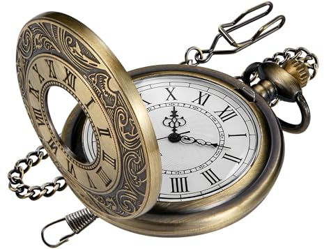 Realpoo Vintage Bronze Pocket Watch Roman Numerals Scale Quartz Pocket Watches with Chain Christmas Graduation Birthday Gifts Fathers Day