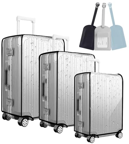 APKOL 20+24+28 Zoll Kofferschutzhülle Transparent Kofferhülle PVC Schwarze Grenze Reisekoffer Schutzhülle Koffer Abdeckungen Wasserdicht Durchsichtig +3pcs Kofferanhänger mit Adressschild
