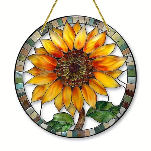 Blomma solros färgat fönster hängande solfångare, blomma målat glas solfångare fönsterprydnad målat glas panel solfångare vägg hängande dekor födelsedagspresenter