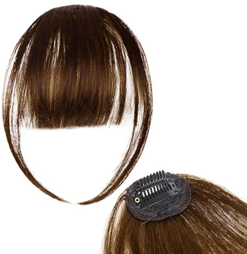 100% Echthaar-Clip-in-Pony für Damen – Natürlicher Pony-Look mit Schläfen, dünnem oder geschwungenem Pony (Dunkelbraun)
