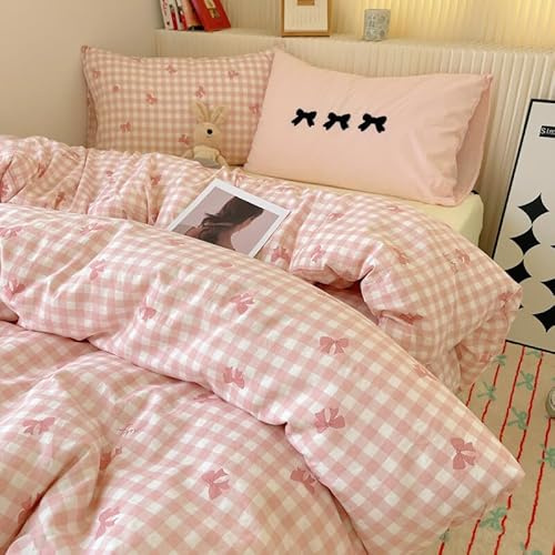 Covebett Set di biancheria da letto con copripiumino con fiocchi rosa, per letto singolo, in microfibra lavata, motivo a quadri, con chiusura a cerniera e 1 federa da 50 x 75 cm, per ragazze, 135 x