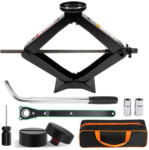 KAOLALI Cric Per Auto 3T/3000kg, Cric Auto Con Universale Tampone In Gomma, Cric a Forbice Per Auto Con Chiave Per Dadi Ruota Portatile, Kit Di Emergenza Per Auto SUV Tesla Model 3/Y/S/X