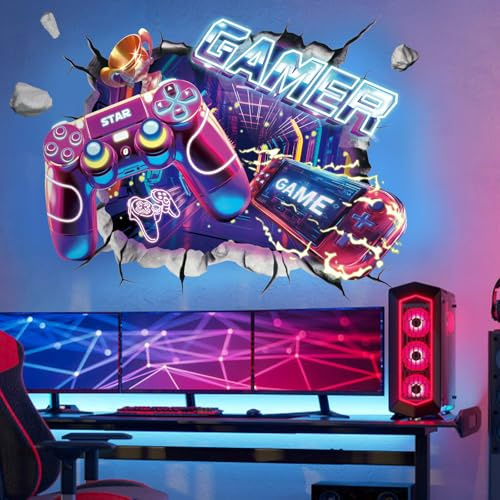 SHUCHING Grands Stickers Muraux Gaming 3D | Autocollant Mural Gamer Jeux Video, Decoration Murale pour Chambre Garçon, Salle de Jeux
