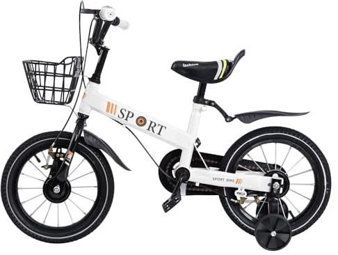 homewell Kinderfahrrad 16 Zoll (40,6 cm) für Babys, Kinderfahrrad für 2 bis 8 Jahre, mit abnehmbaren Stützrädern und Korb, für Wiesen, Bergstraßen (weiß)