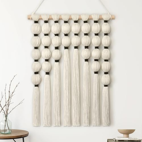 Weldomcor Macrame Wall Hanging Boho Woven Tapestry, Bohemian Home Wall Art Decor Chic Modern Aesthetic Handmade Beige Yarn Decoration for Living Room Bedroom Dorm Office Nursery Backdrop 16.5Wx22''L