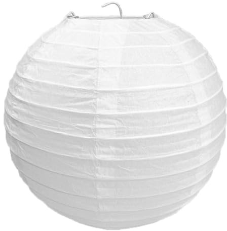 Round White Paper Lampshade 20cm - Bamboo Style Ribbed Paper with Wire Expander Ideal for Bedrooms Living Rooms, Hallways, Garden, Wedding, Birthday and Decorations