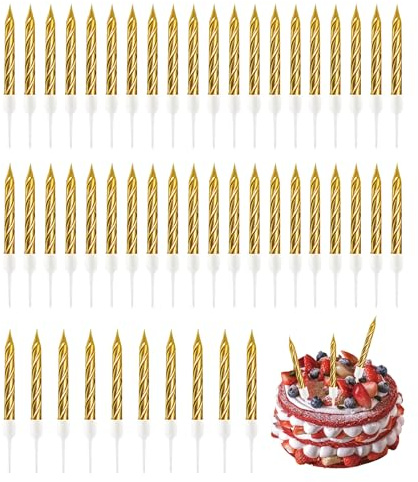 50 Pièces Bougie D'Anniversaire, Métalliqu Decoration Gateau Anniversaire Filetage Bougie avec Support Paraffine de Haute Qualité pour Anniversaire Mariage Décoration de Cupcake Anniversaire(or）