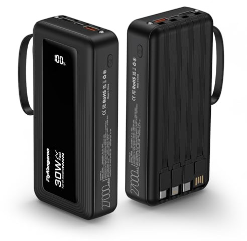 Power Bank 30W 27000mAh Fast Charging Built-in Cables, Portable Charger USB C 6 Outputs & 2 Inputs External Battery Pack with LED Digital Display, Compatible with Laptop, iPhone, Smartphone