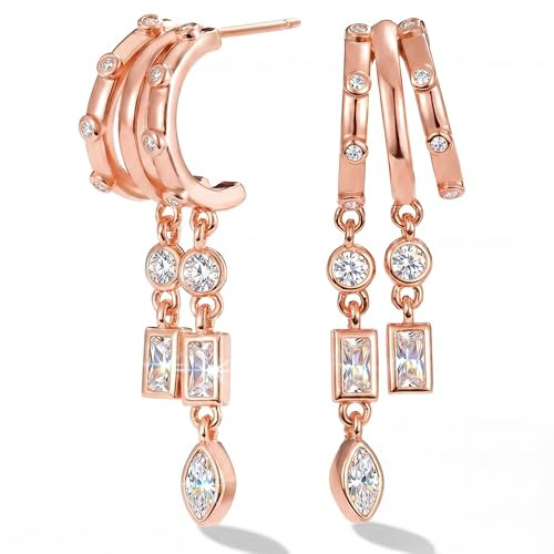 MUMREUES Rosegold Earrings for Women Trendy 14K Rose Gold Plated Dangle Earings Drop Stud Earring Cubic Zirconia Simple Minimalist Dainty Statement Chain Tassel Hypoallergenic Earing