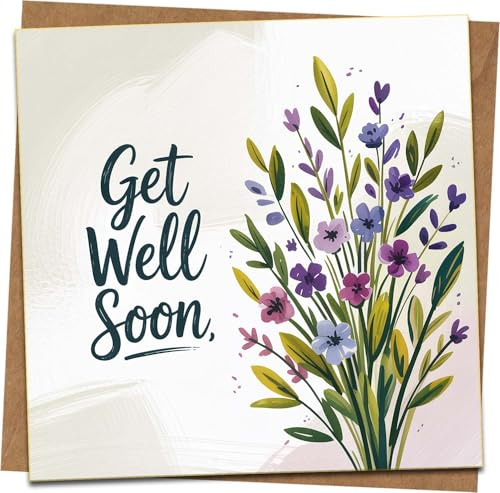 Get Well Soon Card – Floral Bouquet Square Greeting, 145mm x 145mm, Blank Inside, Premium Paper, Includes Kraft Envelope, Recovery Sympathy Card for Women Men Friends Family