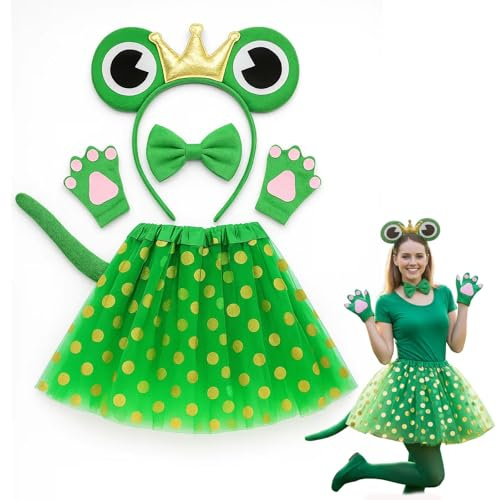 WWZFOYA 6PCS Frosch Kostüm, Froschkostüm, Frog Costume, Tierkostüm Set mit Kopfband, Schleife, Schwanz und Tutu für Kinder, Gut geeignet für Karneval, Fasching & Thementpartys