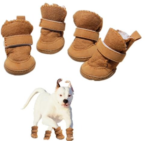 4 Stück Hundeschuhe Pfotenschutz, Hundeschuhe Winter Anti Rutsch, Schneestiefel Hunde, Plüsch Hundestiefel für Kleine und Mittlere Hunden Outdoor-Aktivitäten (Khaki, 1#)