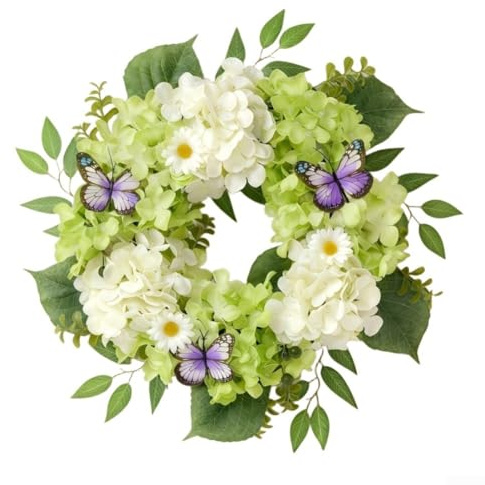 Corona de primavera hecha a mano, hortensias verdes, decoración de flores artificiales para puerta delantera, colgar en la pared, decoración del hogar