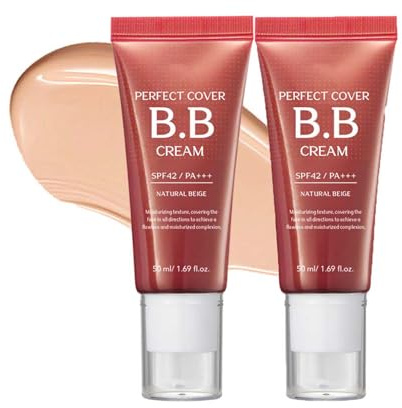 2-Piece BB Cream Set Natural Beige 50ml SPF42 PA+++ - Lightweight Tinted Moisturiser Foundation for Full Coverage, Hydrating Glow Finish, Daily Use, Even Skin Tone, Makeup Skincare & UV Protection