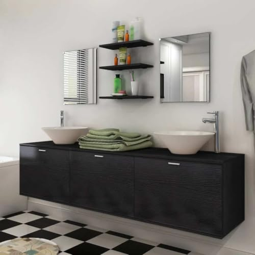 HKQWPBF 8-TLG. Badmöbel Set Schwarz mit 1 Waschtisch-Wandschrank, 2 Spiegeln, 3 Einlegeböden und 2 Keramikwaschbecken, Doppelwaschbecken Set für Badezimmer