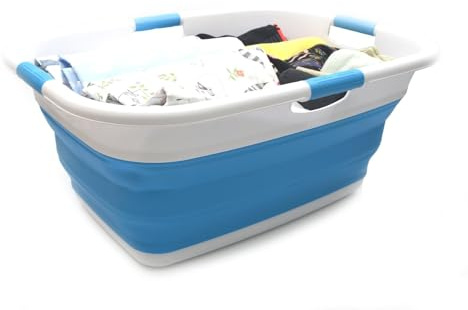 SAMMART 49L Collapsible 4 Handled Laundry Basket-Foldable Storage Container-Portable Washing Bin-Space Saving-Pet Bath Tub,Water capacity 37L(1, Sky Blue), Size : 25.4 x 18.7 x 10.25 inches