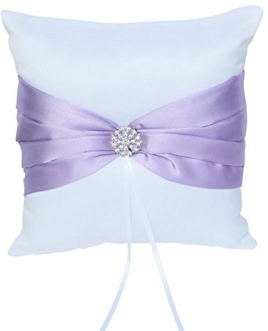 ARKSU Ring Bearer Pillow Cushion 7.8 x7.8 inch with Satin Ribbon and Rhinestones for Rustic Bridal Wedding Shower Ceremony-Lavender