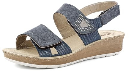 Sandali Donna in Ecopelle con Doppia Fascia e Chiusura Regolabile a Strappo, Plantare in Pelle, Blu, 40