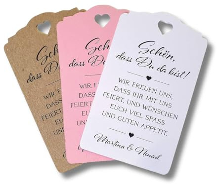 Willkommenskarten Hochzeit – Geschenkanhänger & Tags „Schön, dass Du da bist“ – Papieranhänger für Gastgeschenke, Taufe, Kommunion, Konfirmation, Geburtstag – personalisierbar & handgemacht