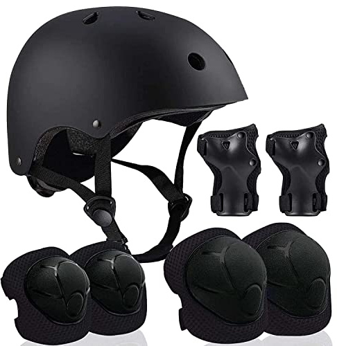 7 in 1 Schoner Set Kinder mit Helm für 3-8 Jahre, Einstellbar Protektoren Set Inliner Kinder mit Knieschoner Handgelenkschoner Ellenbogenschoner für Skate Skateboard Roller Radfahren (Schwarz)