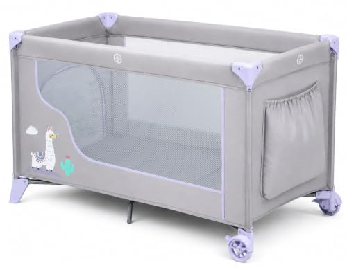 Ricokids Resesäng liten barnsäng, bärbar, lekhage, 125 x 65 x 78 cm, 15 kg lastkapacitet, vikbar, två hjul med bromsar, avtagbar sidoingång, madrass, väska, ljusgrå och lavendel