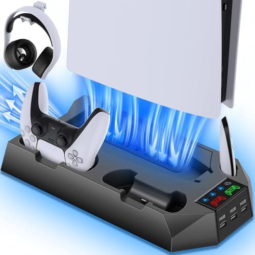 PS5/PS5 Slim/PS5 Pro Ständer und Kühlstation mit Dual Controller Ladestation für PlayStation 5 Konsole, PS5 Zubehör inkl. Controller-Ladegerät, Kühlventilator, Headset-Halter, 3 USB-Hub, Schwarz
