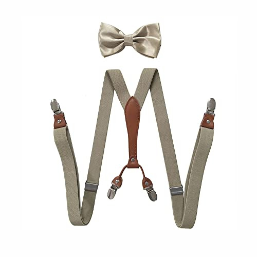 BaronHong Conjunto de tirantes con corbata de lazo para mujeres y hombres de 1 pulgada de ancho en forma de Y con 4 clips ajustables para bodas y eventos formales, caqui, M