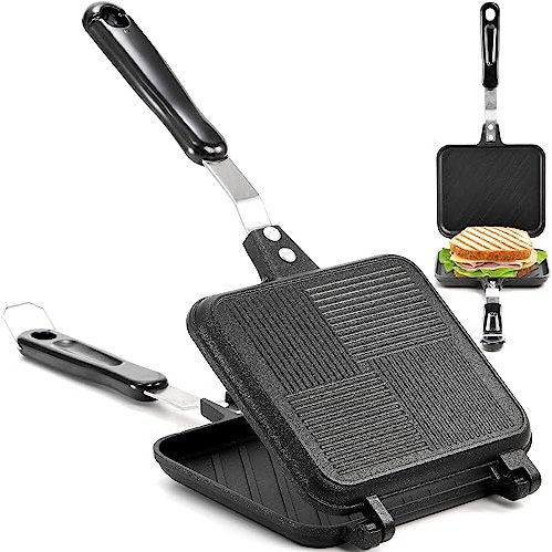 Elsjoy Aluminium Doppelseitige Bratpfanne, Toastpfanne mit Hitzebeständigem Griff, Antihaftbeschichtung Sandwich Panini Maker, Camping Toaster Sandwich Maker für Haus, Küche, Frühstück