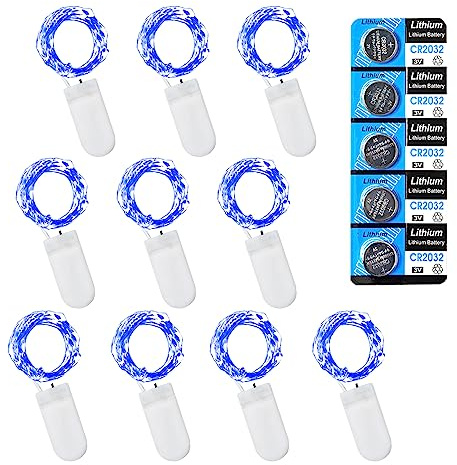 LEECOCO Guirlande lumineuse, à piles, 1 m, 10 LED, pour un éclairage prolongé, lumière bleue, pour Noël, fête, décoration de mariage (10 paquets de 1 m, 10 LED, bleues)