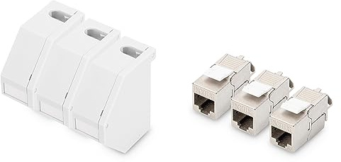 DIGITUS Hutschienen-Adapter – 3 Stück – Mit 3x Cat6A Keystone-Modul – 45° Gewinkelt – Beschriftungsfeld – Mit Erdungsfeder – Grau