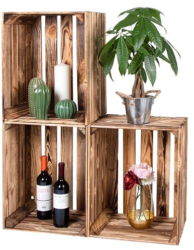 LAUBLUST Caisses en bois vintage flammé, Lot de 3 | Caisses à vin, caisses à fruits et légumes - env. 50x40x30cm | Caisses de décoration & pour la fabrication de meubles