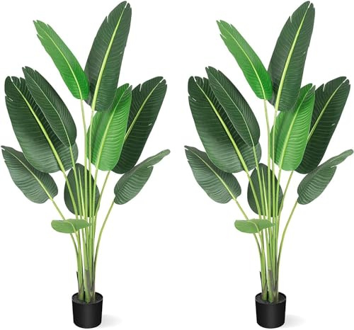 IDEALHOUSE 2 Packs Artificial Tree Bird of Paradise Artificial Plant, 48 Inches Artificial Faux Banana Leaf Plants with Pot, 4ft Artificial Standing Plants with 8 Trunks for Home Office Decor