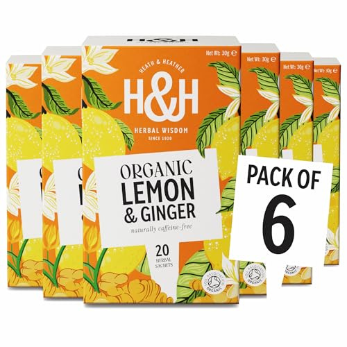Heath & Heather • Organic Lemon & Ginger Tea • 6 x 20 Boxes (120 Tea Bags) | Organic Lemon & Ginger Tea • Herbal Wellness Tea • 6 x 20 Boxes (120 Tea Bags)