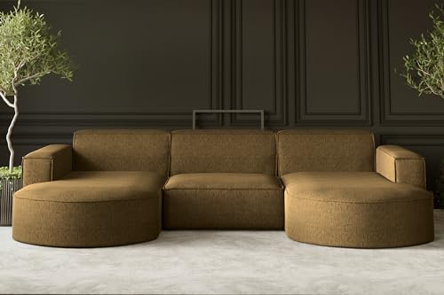 Kaiser Möbel - Ecksofa mit Wohnlandschaft, Sofa U-Form, Polstersofa, Bequemes Couch mit Ottomanen für Wohnzimmer, Relaxsofa, Bigsofa, Lounge-Set U Form, Verita Stoff, Modena U Studio, Hellbraun