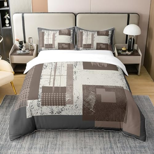 Homewish Parure de Lit 200x200 Adulte Coton Carreaux Brun, Housse de Couette Art Géométrique Rétro pour Femme Homme, Linge de Lit et Oreillers Abstraite Moderne Couvre Lit Nordique Exotique