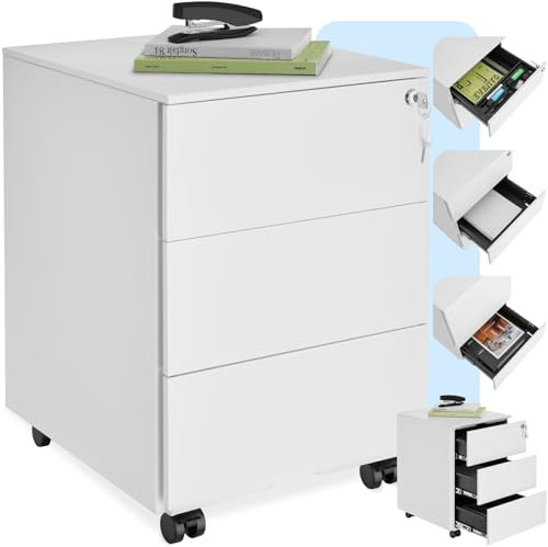 tectake® Büro Metall Aktenschrank mit Rollen, abschließbare Kommode mit Schubladen für Schreibtisch, Rollcontainer, Schubladenschrank, Organzier, Rollwagen Schrank abschließbar (weiß)