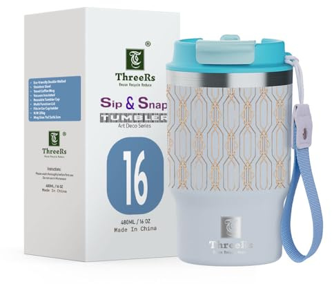 ThreeRs - Bicchiere da caffè da viaggio con coperchio a tenuta stagna, in acciaio inox 304, a doppia parete, per bevande calde e fredde, 480 ml, serie Art Deo, colore: blu