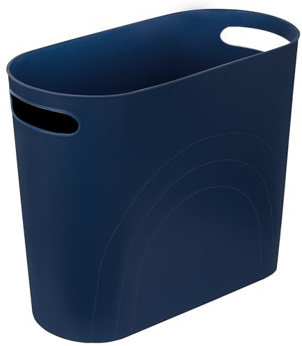 rejomiik Bote de basura pequeño para baño, bote de basura delgado de 3.5 galones, azul marino | Cesta de basura de plástico con asas para baño, dormitorio, cocina, oficina y espacios estrechos