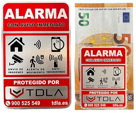 PACK 2 Tamaños - NO PARECE REAL, LO ES. Super Adhesivo y ALUMINIO - Somos empresa venta de ALARMAS Especial piso Cartel alarma disuasorio Alarma ROJO - 14x9cm y 8x6cm