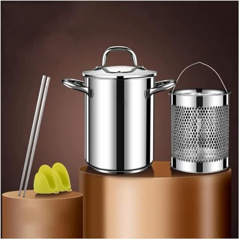 LEIXIUSM Pasta Pots 304 Stainless Steel Asparagus Pot, Vegetable Steamer Spaghetti Pasta Stovetop Cooker with Removable Basket and Visible Lid, Oil Deep Fry Pan, 4L, 17cm, Silver