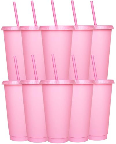 Yisituo 24 oz Reusable Plastic Cups, 10 Pack Cold Cups with Lid and Straw, Tumblers Travel Mugs for Adults and Kids Party and Beach, Pool Gatherings (10, Pink)