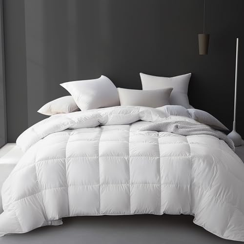 Hotel Grand White Goose Feather Down Fiber Comforter Queen Size, 100% Cotton Duvet Insert Queen, Hotel Luxury Hypoallergenic Comforter Lightweight Bedding Comforter with 8 Corner Loops, 90 x 90 Inch