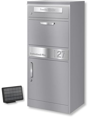 Metzler Scatola per pacchi con cassetta postale – Illuminazione LED solare, con incisione personalizzata inclusa (nome, numero civico), acciaio RAL 9007 Grigio Alluminio – Modello Bispo 2
